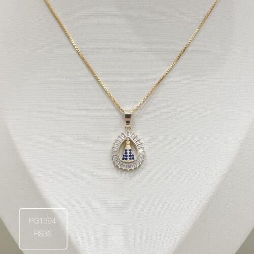 Pingente N. S. Aparecida Gota Baguetes Cristal Dourada